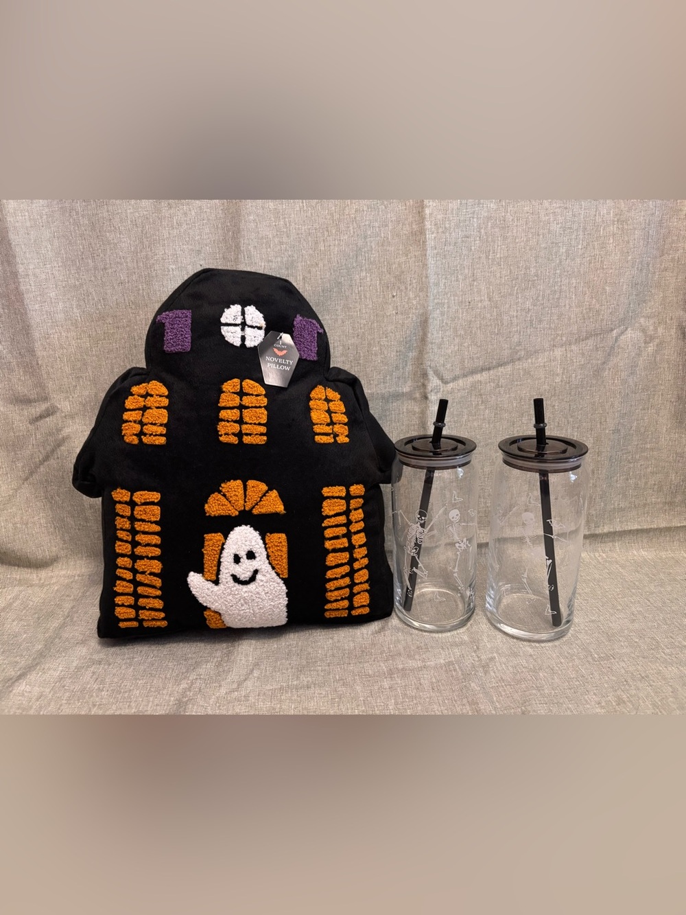 Halloween Bundle! Haunted House Throw Pillow & 2 Skeleton Glass tumblers, NWT